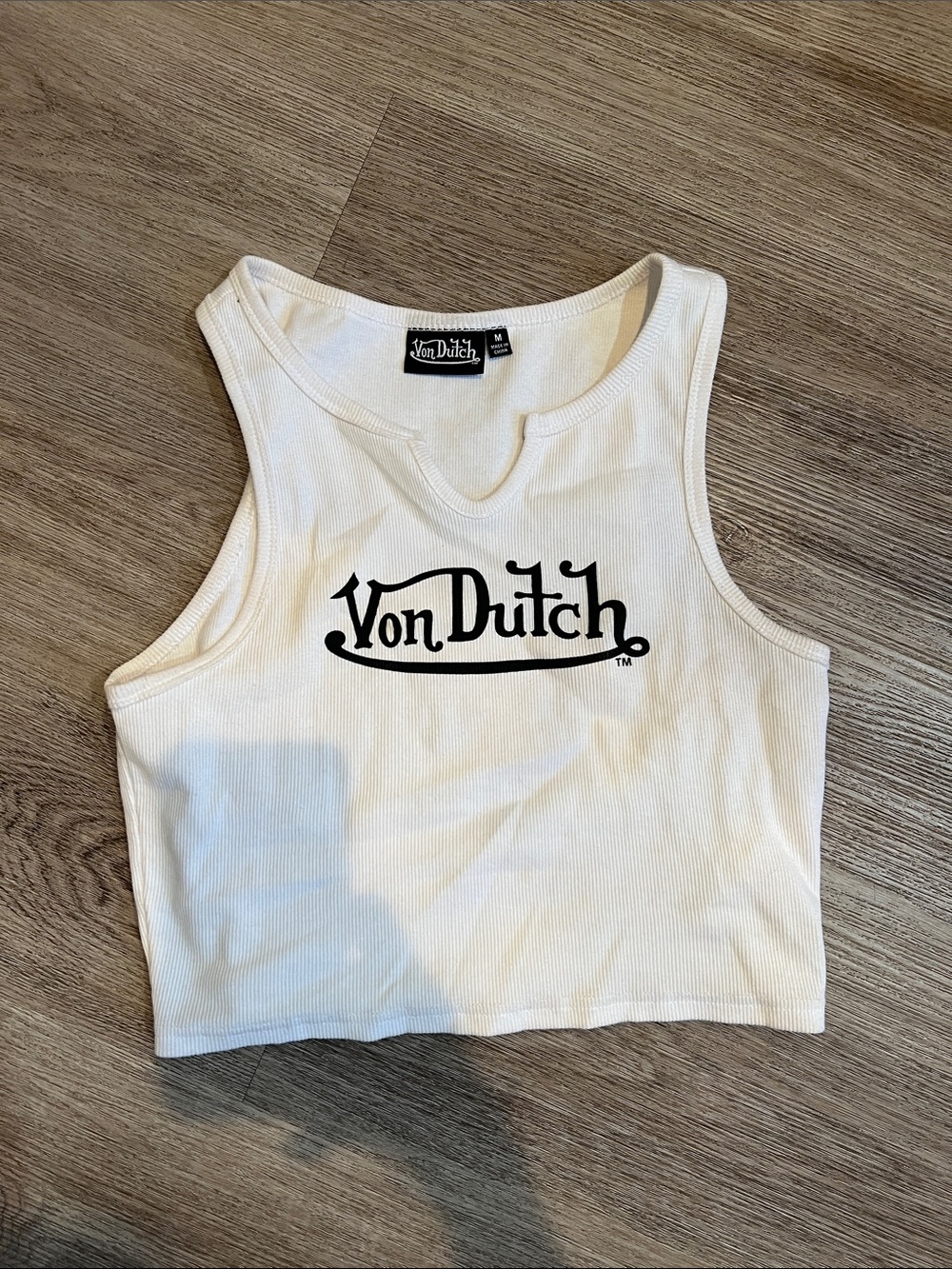 Von Dutch White Ribbed Logo Crop Tank